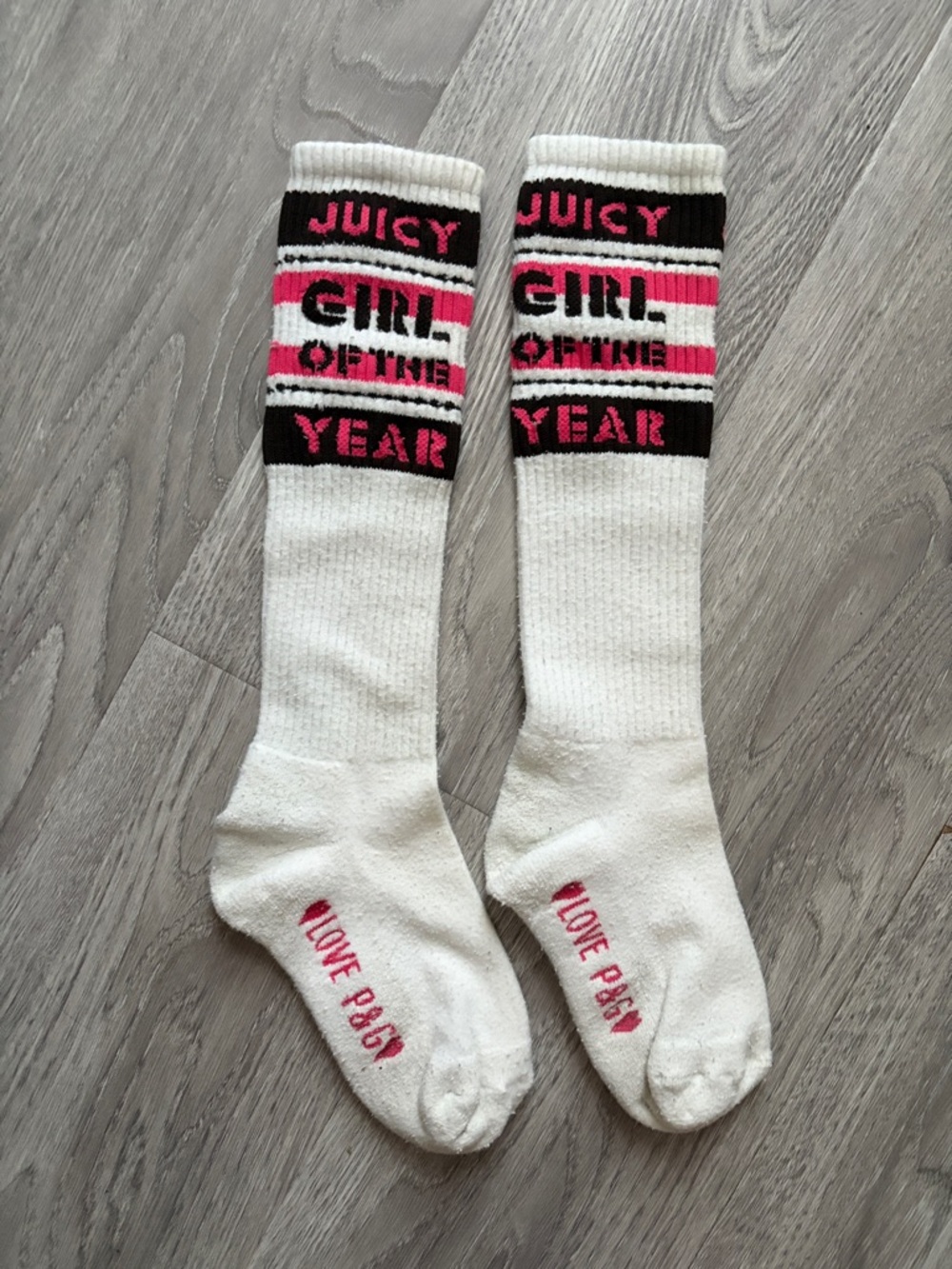Juicy Couture Girl of the Year White Knee-High Socks with Pink & Black Stripes